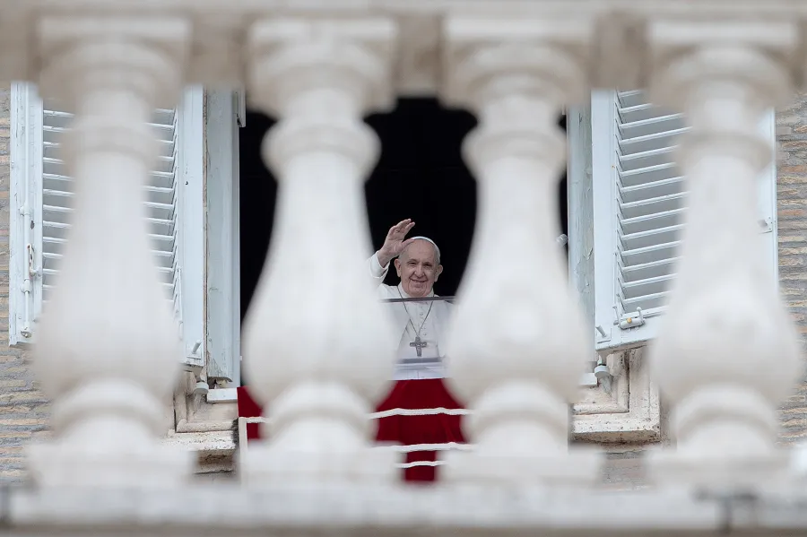 Pope Francis waves to people in St. Peter's Square during his Regina caeli address May 2, 2021.?w=200&h=150